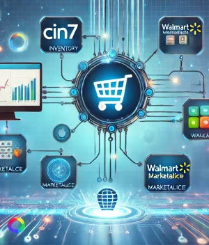 DALL·E 2025-01-21 15.35.15 - A visually engaging illustration of a digital workflow connecting Cin7, a retail inventory management software, to Walmart Marketplace. The image feat