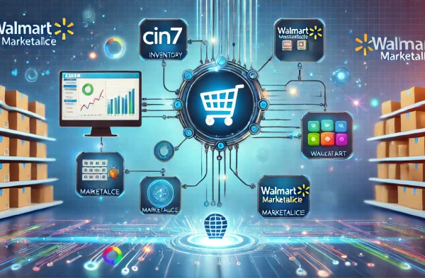 DALL·E 2025-01-21 15.35.15 - A visually engaging illustration of a digital workflow connecting Cin7, a retail inventory management software, to Walmart Marketplace. The image feat