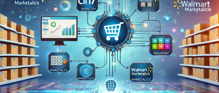 DALL·E 2025-01-21 15.35.15 - A visually engaging illustration of a digital workflow connecting Cin7, a retail inventory management software, to Walmart Marketplace. The image feat