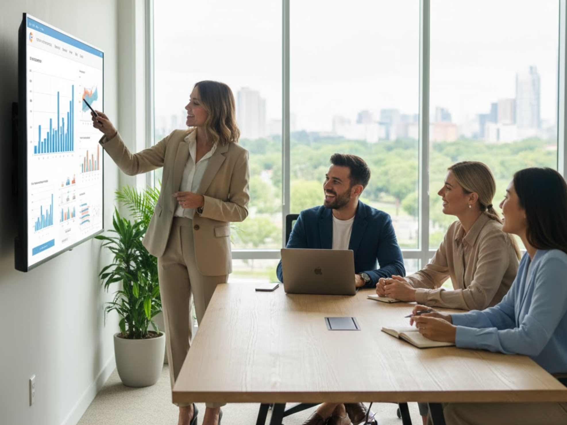 A professional digital agency team collaborating on e-commerce growth strategies and web development in a bright, modern office.