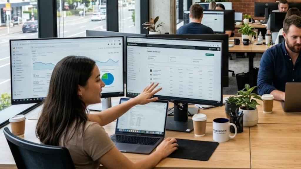 A professional team at macroGEN, a leading digital marketing and e-commerce agency in New Zealand, collaborating in a modern Auckland office.