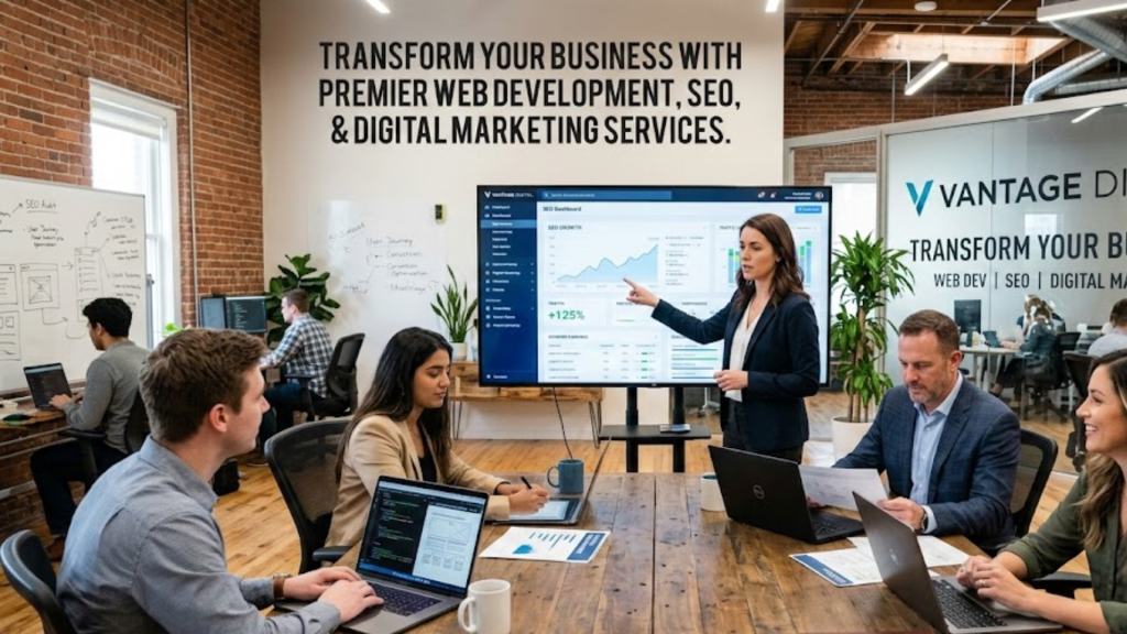 macroGEN Digital Services: Team collaborating on web development, SEO analytics, and digital marketing strategy in a professional office.